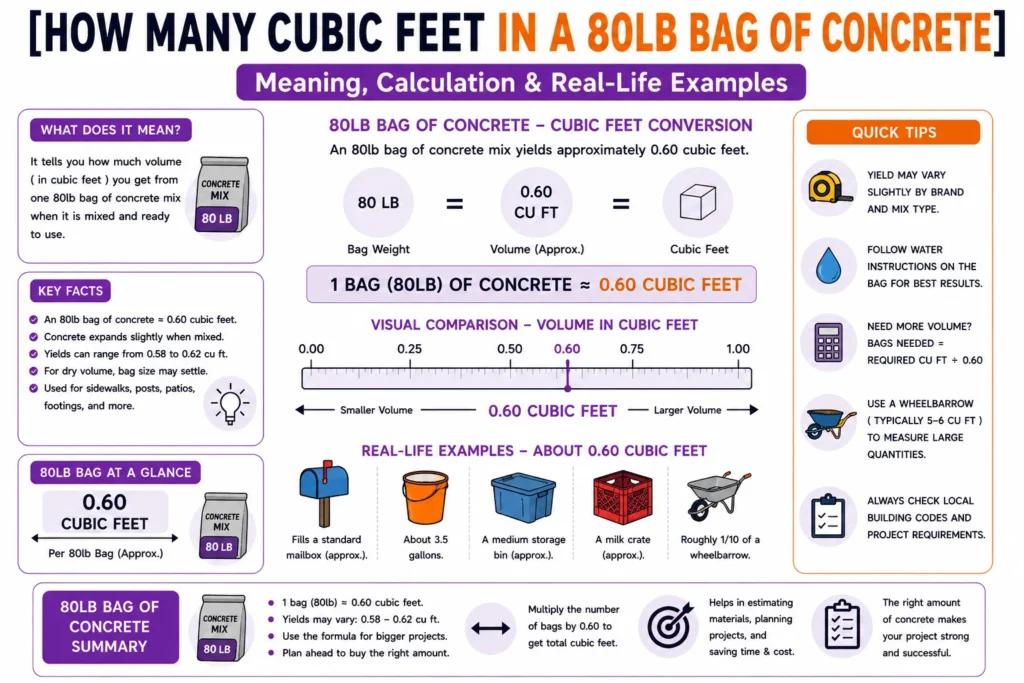 how many cubic feet in a 80lb bag of concrete