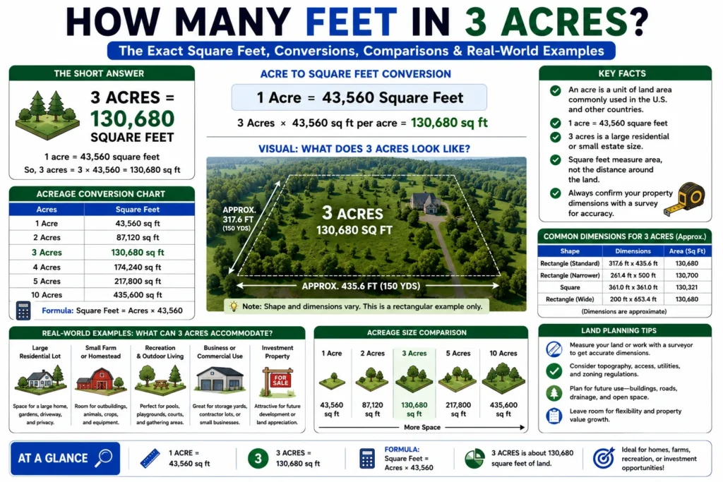 how many feet in 3 acres