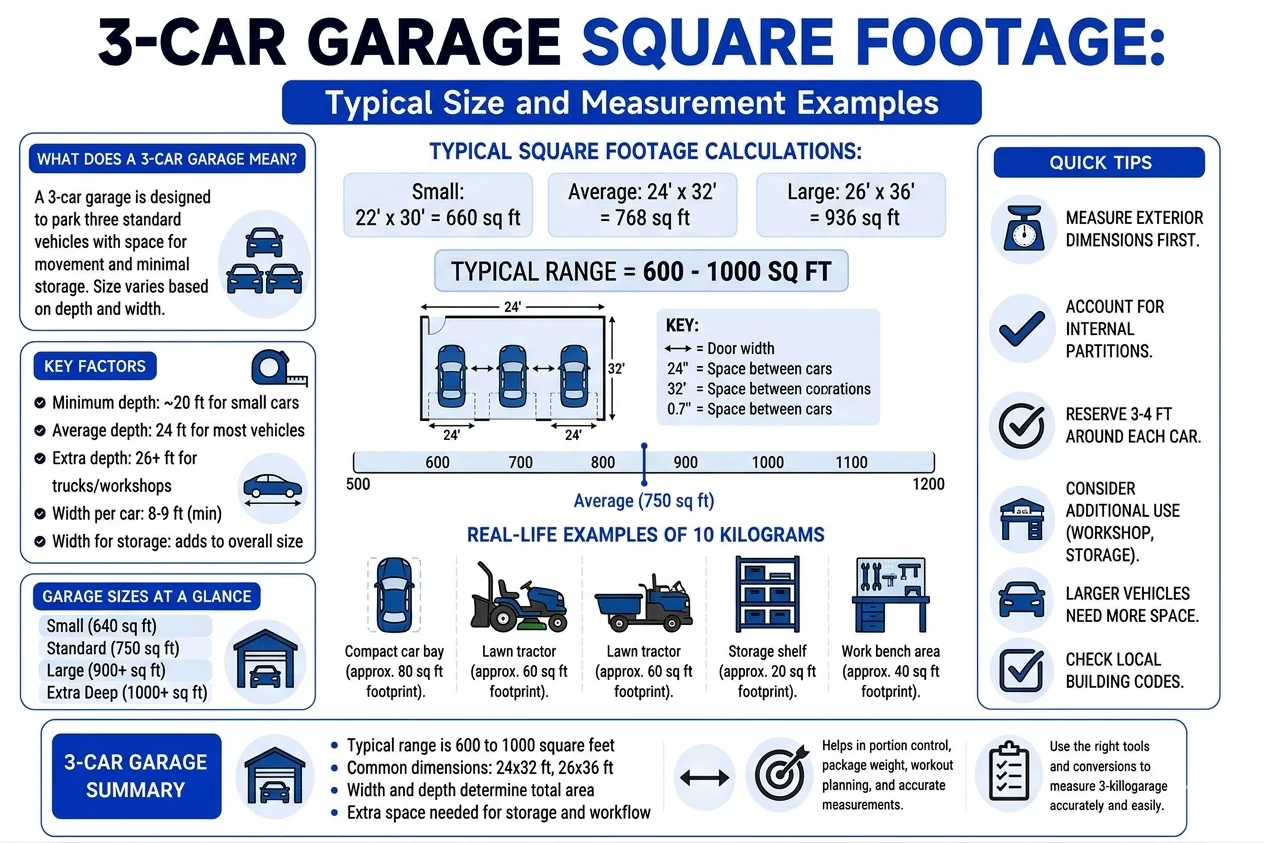 how many sq feet is a 3 car garage