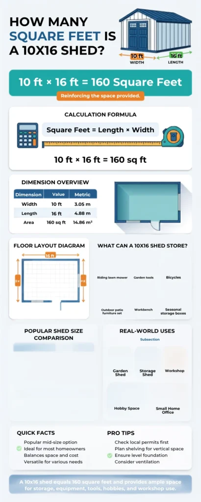 how many square feet is a 10x16 shed